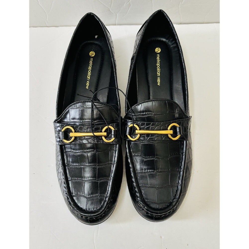 METROPOLITAN VIEW LOAFERS FOR WOMENS, BLACK  BUCKLE CROCODILE PATTERN FLAT SHOES